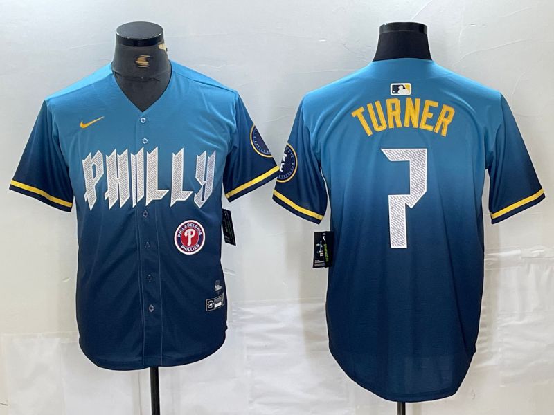 Men Philadelphia Phillies 7 Turner Blue City Edition Nike 2024 MLB Jersey style 2